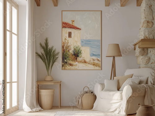 Mockup for vertical painting inside acosy provencal appartment with sea view in a warm light