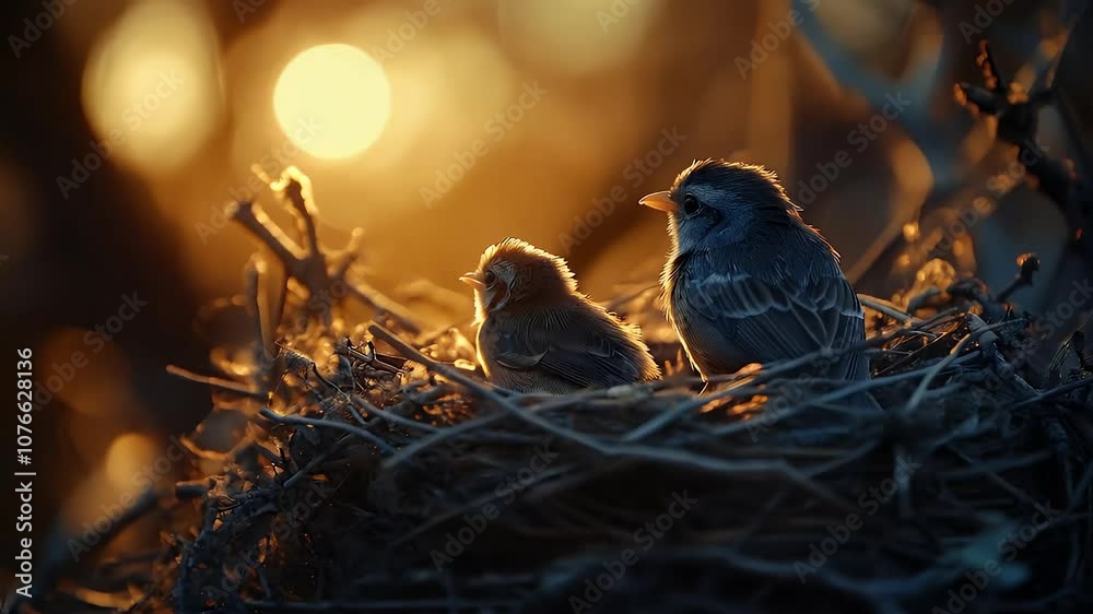 A pair of chicks in a nest on a beautiful afternoon