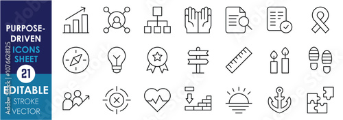A set of line icons related to Purpose-Driven. Graph, network, hands open, footprint, bulb, compass, candle, target, aid, and so on. Vector editable stroke.