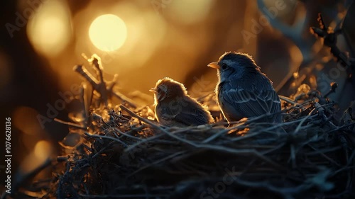 A pair of chicks in a nest on a beautiful afternoon