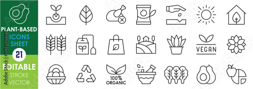 A set of line icons related to Plant-Based. Sprout, leaf, no meat, packet, seeds, sun, wheat, farm, vegan, recycle, greens, and so on. Vector editable stroke.