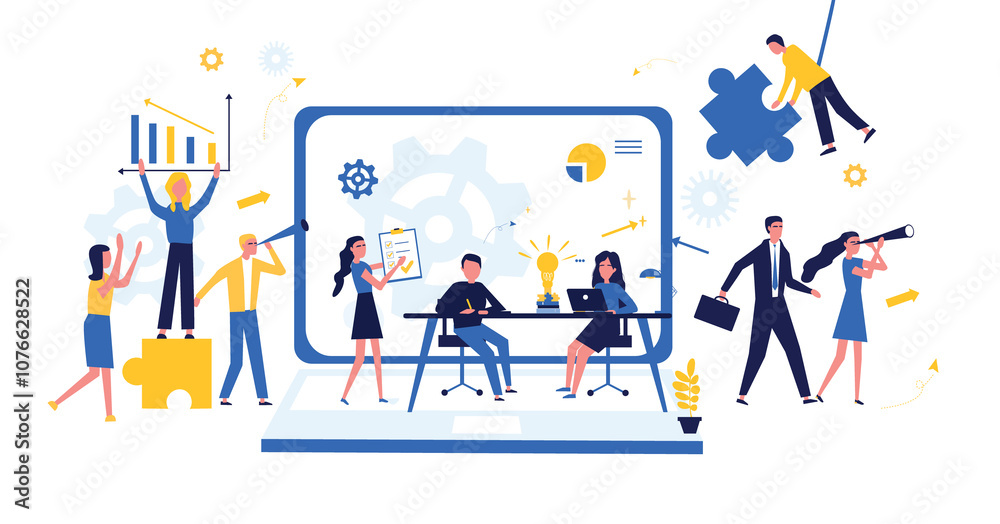 Business concept. Team metaphor. People connect puzzle elements. Flat illustration in flat design style. Teamwork, collaboration, partnership. Businessmen working together and moving towards success. Business concept. Team metaphor. People connect puzzle elements. Flat illustration in flat design style. Teamwork, collaboration, partnership. Businessmen working together and moving towards success.