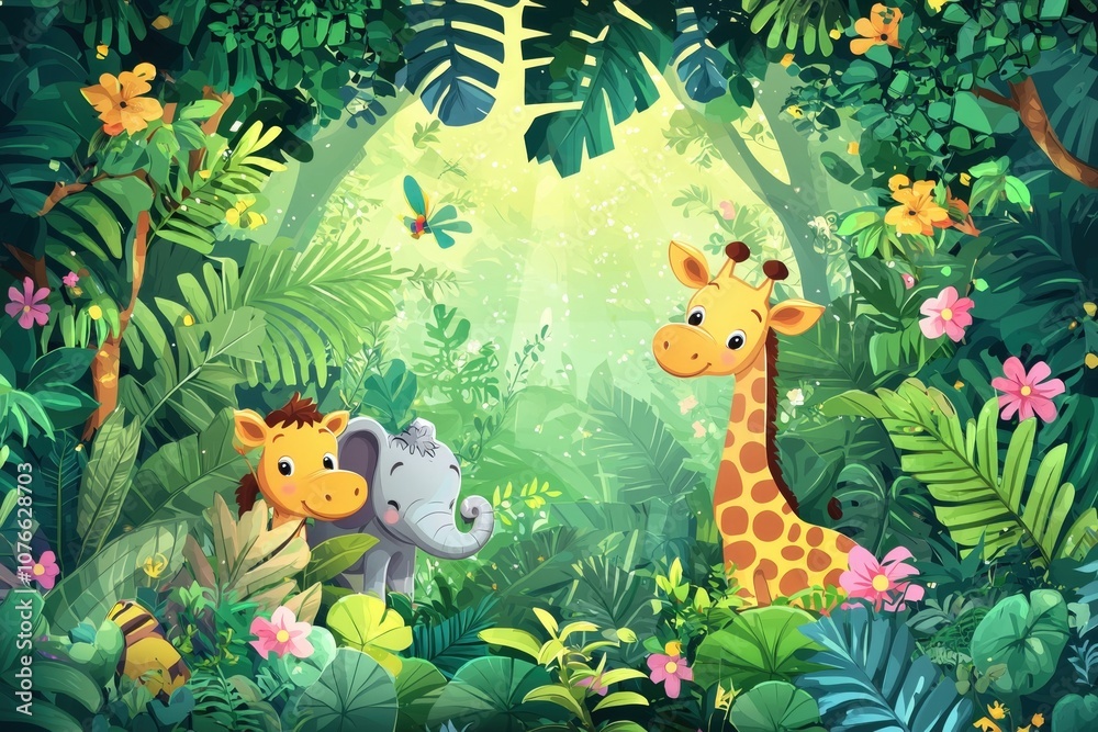 Whimsical Jungle Safari Scene with Playful Giraffe and Elephant Whimsical Jungle Safari Scene with Playful Giraffe and Elephant