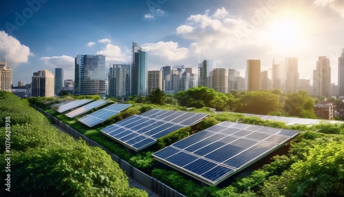 A city skyline with buildings covered in greenery and solar panels