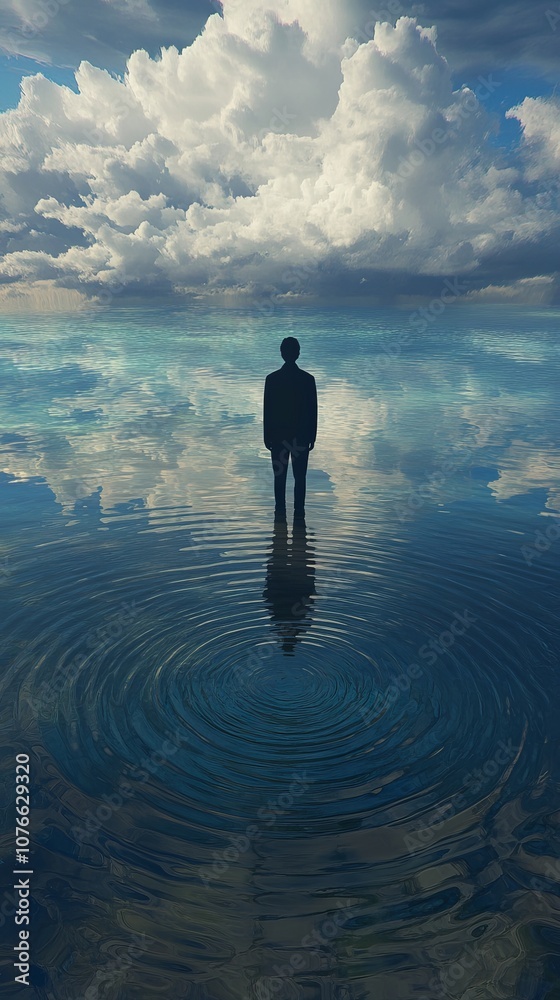 Solitary Figure Standing in Tranquil Water with Dramatic Cloudy Sky Solitary Figure Standing in Tranquil Water with Dramatic Cloudy Sky