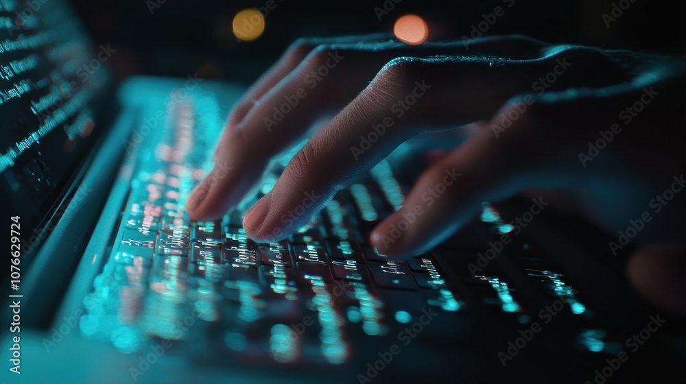 Close-up of hands typing on a backlit keyboard in a dark environment. Close-up of hands typing on a backlit keyboard in a dark environment.
