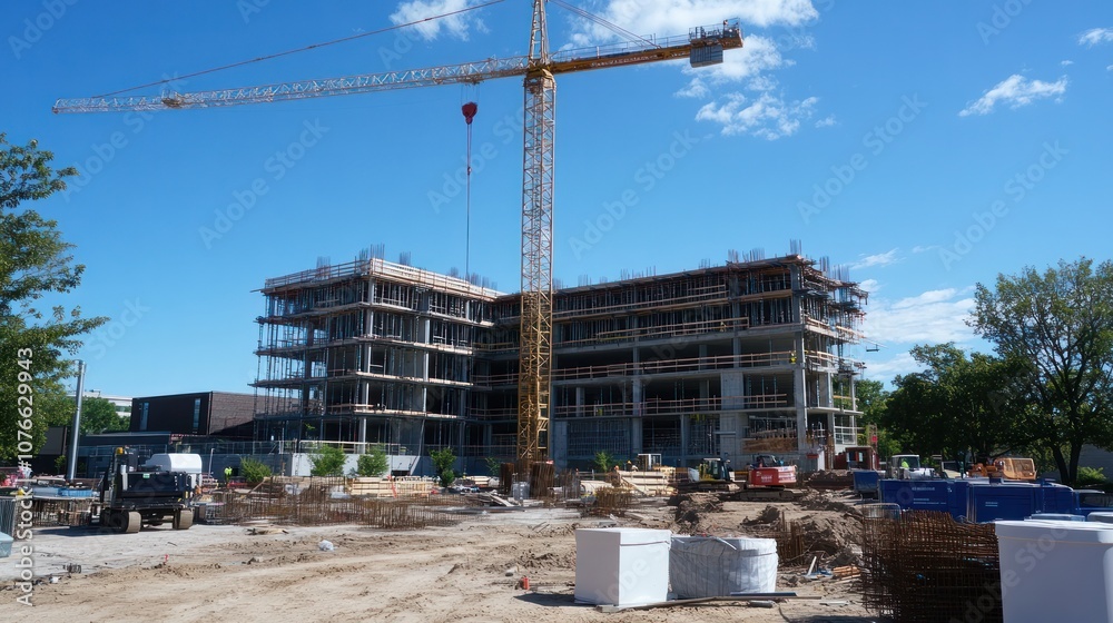 A construction crane towering over a partially completed building at a construction site with scaffolding A construction crane towering over a partially completed building at a construction site with scaffolding