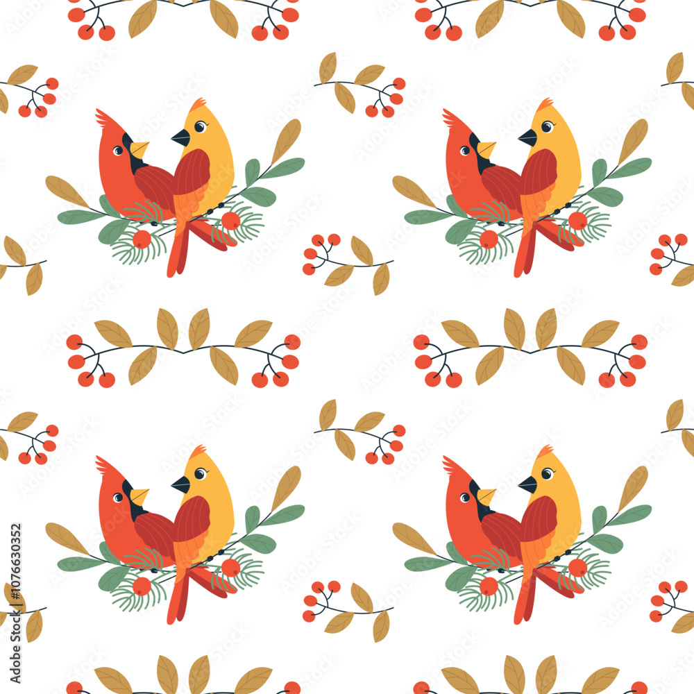 Fototapeta premium Red northern cardinal birds seamless pattern. Winter flat vector illustration with bird, branches and berries cartoon cute style. Hand drawn design element for wrapping, wallpaper, banner background.