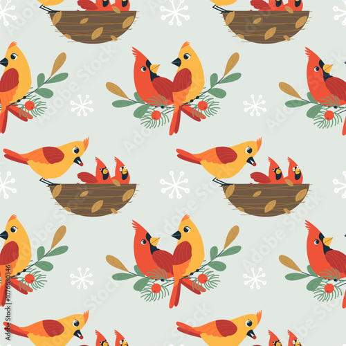 Red northern cardinal birds seamless pattern. Winter flat vector illustration with bird, branches and berries cartoon cute style. Hand drawn design element for wrapping, wallpaper, banner background.