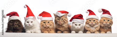 Foto retrato de Navidad. Grupo de gatitos con gorro de Papá Noel.