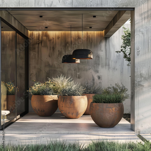 add rustic round large planters on the concrete ground, add pendant lighting below metal canopy