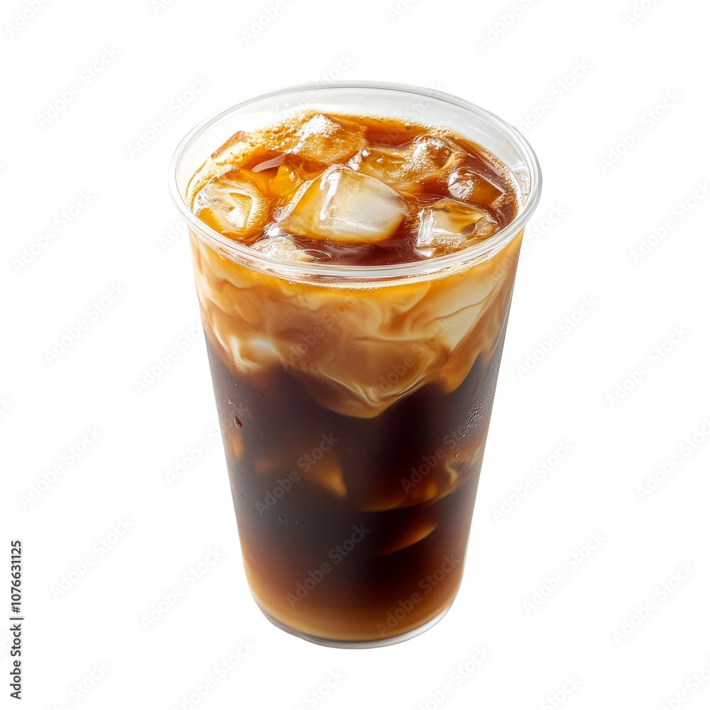 Iced coffee served in a clear cup, showcasing refreshing dark brew with ice cubes at a café during the warm afternoon, transparency background Iced coffee served in a clear cup, showcasing refreshing dark brew with ice cubes at a café during the warm afternoon, transparency background
