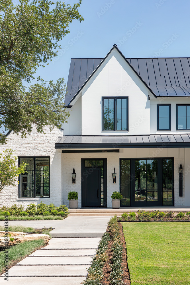 A front view of the exterior of a modern farmhouse-style home in Texas, featuring black windows and white walls with a light gray roof, and green landscaping that includes a concrete walkway. A front view of the exterior of a modern farmhouse-style home in Texas, featuring black windows and white walls with a light gray roof, and green landscaping that includes a concrete walkway.