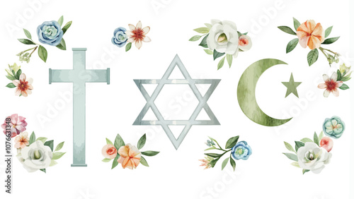 Watercolor set of symbols of the Jewish holiday of Sukkot