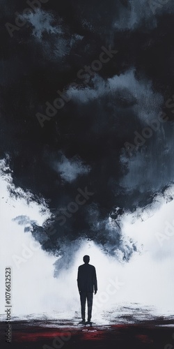 Silhouette of a Man Standing Under a Dramatic Dark Cloudy Sky