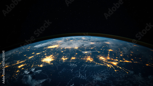 View of Earth from space showing illuminated city lights across continents during night with visible atmospheric layer and starry background.