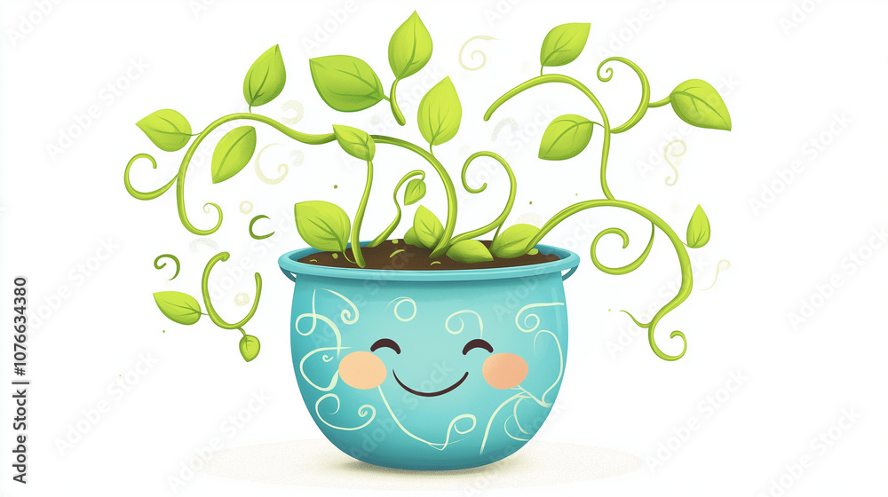 Clipart of a playful vine with curly tendrils wrapping around a smiling flowerpot Clipart of a playful vine with curly tendrils wrapping around a smiling flowerpot