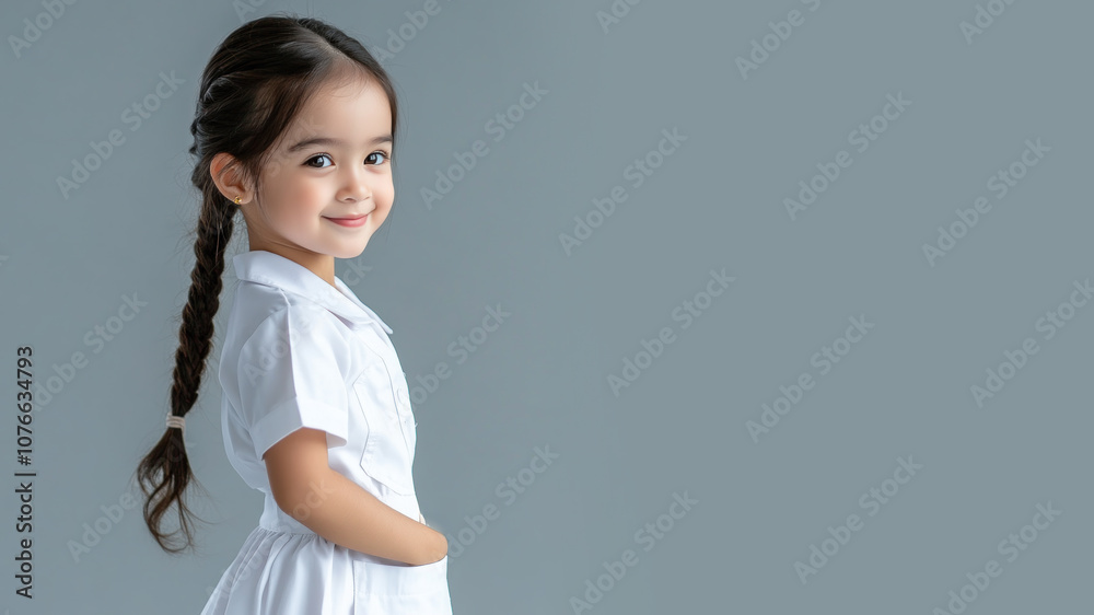 Indonesian little girl student smiling wearing uniform isolated on gray background Indonesian little girl student smiling wearing uniform isolated on gray background