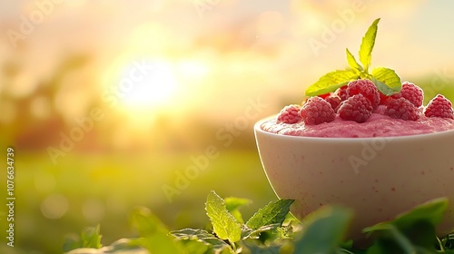 Fresh raspberry yogurt in a bowl, basking in sunlight.