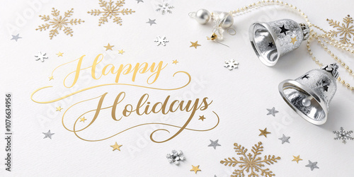 Happy Holidays in Elegant Gold Script Banner with Silver Bells on White Background