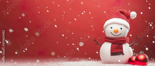 Snowman with Santa Hat and Scarf on Red Background. Perfect for Christmas-themed projects, greeting cards, and holiday decorations.