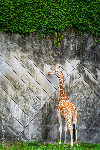 壁の側にたつキリン