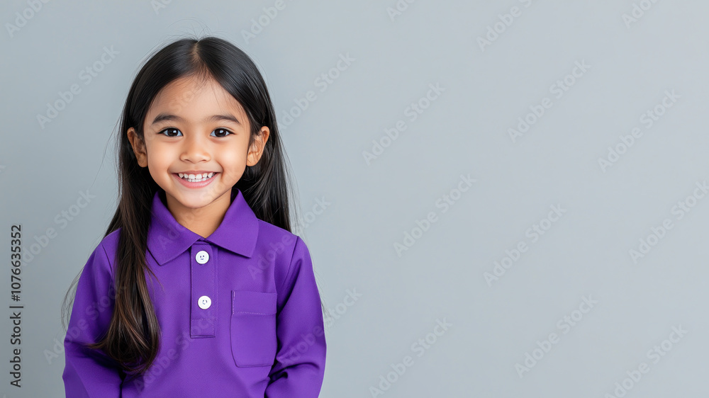 Malay little girl student smiling wearing uniform isolated on gray background Malay little girl student smiling wearing uniform isolated on gray background
