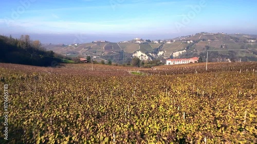 Aerial drone view of the Langhe and Monferrato vineyards, during fall season. This Italian winery hilly region is UNESCO site since 2014 (Piedmont, Northern Italy). photo