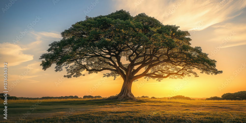 Fototapeta premium Majestic oak tree silhouetted against a stunning sunset in a serene landscape