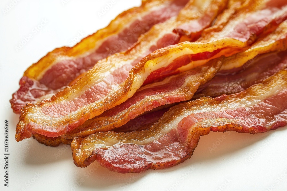 Crispy strips of bacon arranged neatly on a surface, showcasing their texture and color. Crispy strips of bacon arranged neatly on a surface, showcasing their texture and color.