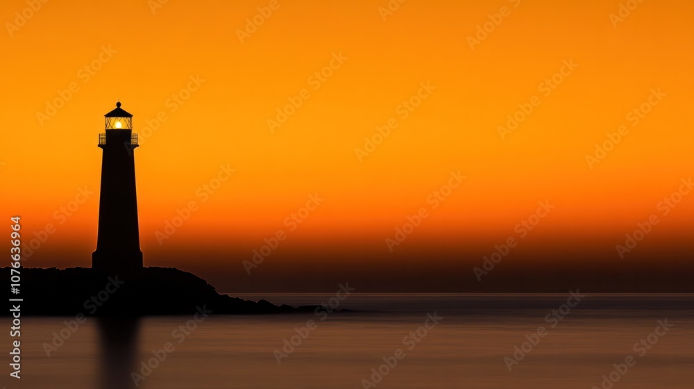 A silhouette of a lighthouse at sunset along the Pacific Ocean, the deep orange sky blending into the calm waters A silhouette of a lighthouse at sunset along the Pacific Ocean, the deep orange sky blending into the calm waters