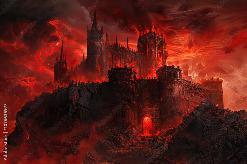 Scary sinister devil is in hell with dramatic fire lighting on the background Scary sinister devil is in hell with dramatic fire lighting on the background