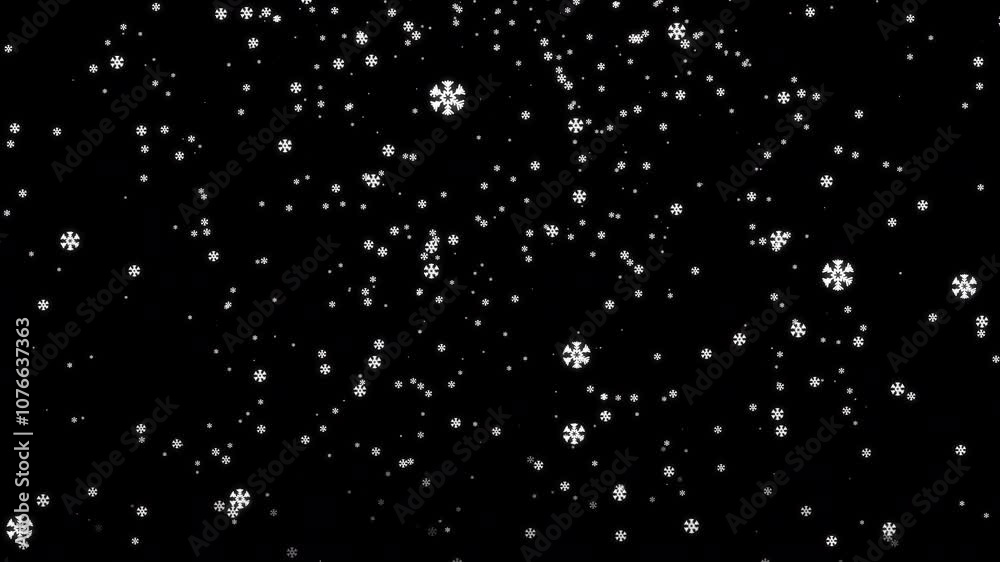 Winter snowfall, snow animation, seamless loop. Isolated snow falling on a transparent background. Realistic snow fall seamless loop animation. Falling snow flakes overlay. Alpha channel