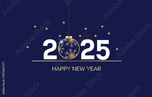 Happy New Year background. 2025 number with golden ball and golden happy new year lettering on the dark blue background.  Ney Year greeting template for social media and typography. Holidays concept. 