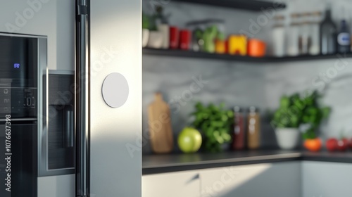 Modern Kitchen with a Blank Circle on the Fridge