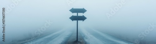 A solitary signpost stands in a foggy landscape, blending with a monochromatic atmosphere that evokes mystery and contemplation.