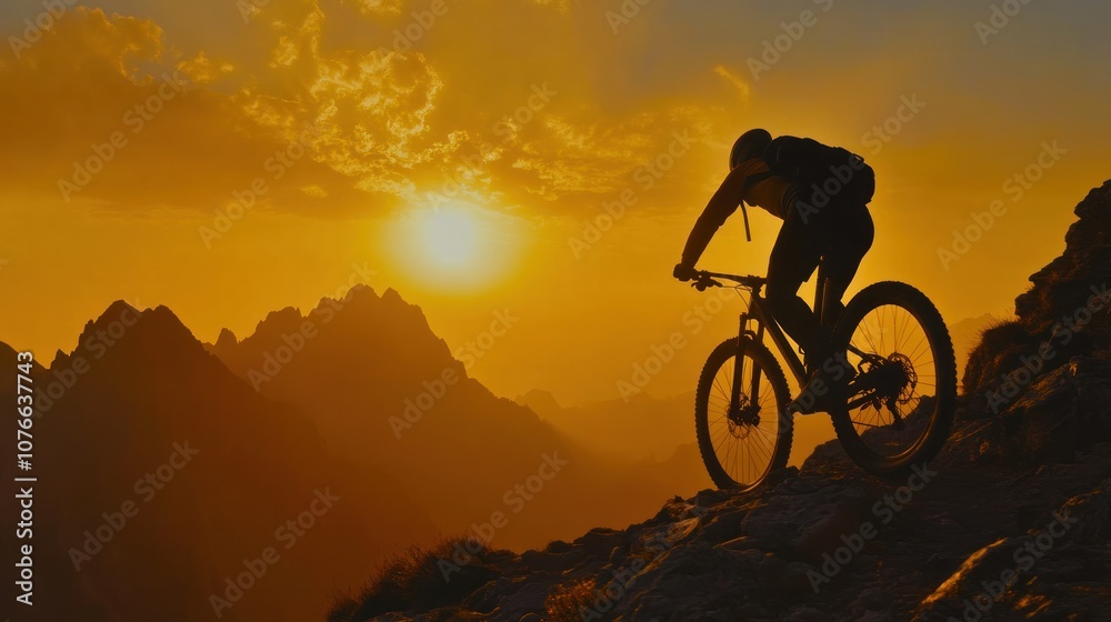 A striking silhouette of a cyclist riding along a mountain ridge, the sun setting behind, creating a golden halo effect around the figure, A striking silhouette of a cyclist riding along a mountain ridge, the sun setting behind, creating a golden halo effect around the figure,