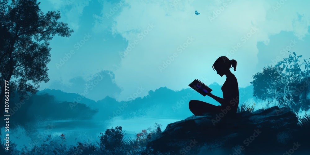 Silhouette of a Woman Reading a Book by a Tranquil Lake at Dawn Silhouette of a Woman Reading a Book by a Tranquil Lake at Dawn
