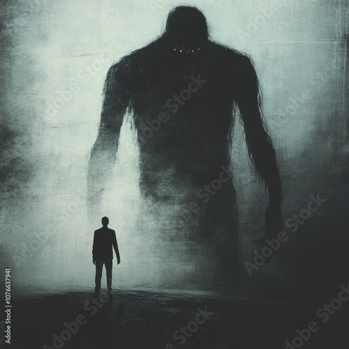 A man stands in front of a giant monster