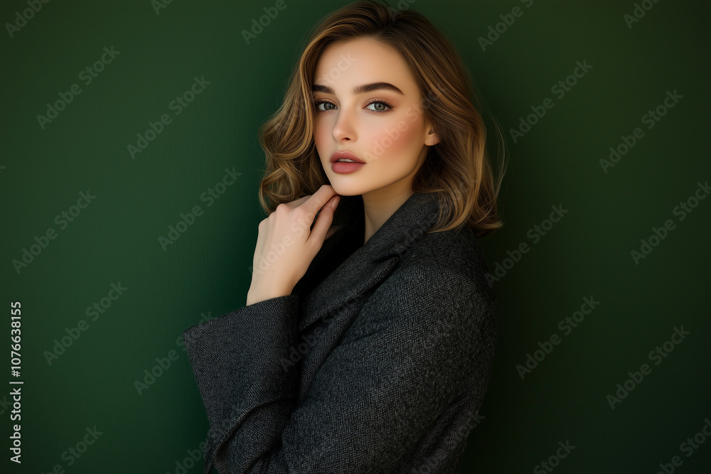 Fototapeta premium Sophisticated Winter Coat on Deep Green Background.