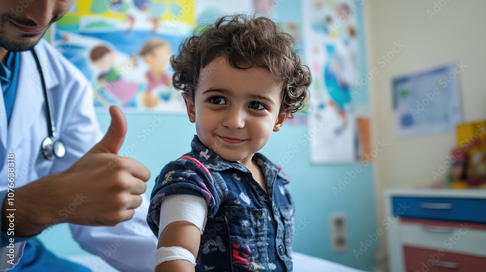 Obraz premium A young child sits on an examination table, looking at their arm with a bandage after receiving a vaccination. A doctor stands nearby,
