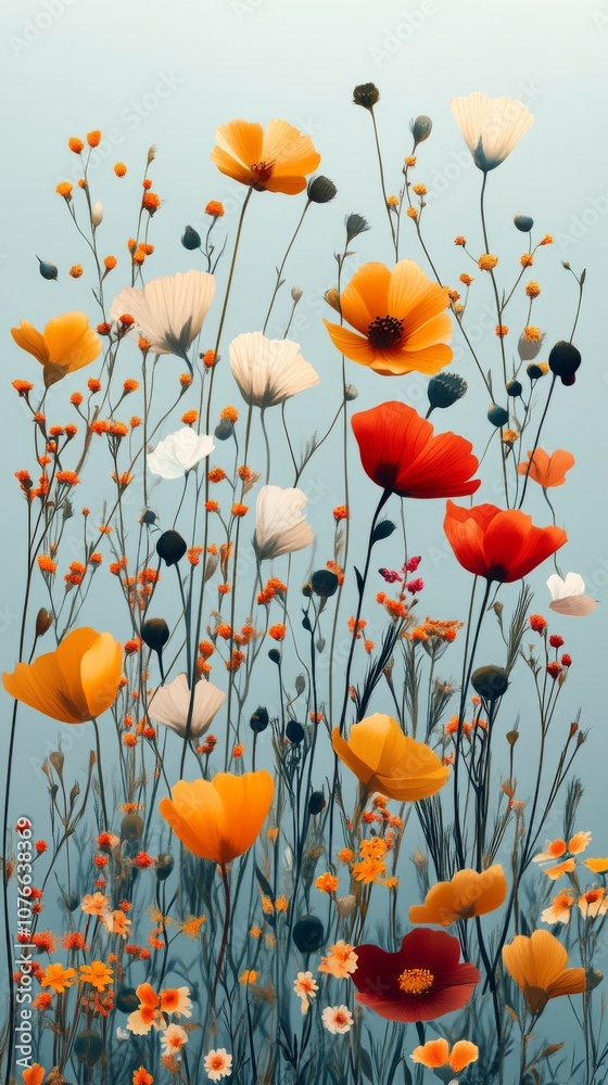 Obraz premium Colorful wildflowers blooming against a soft blue sky in a serene spring landscape