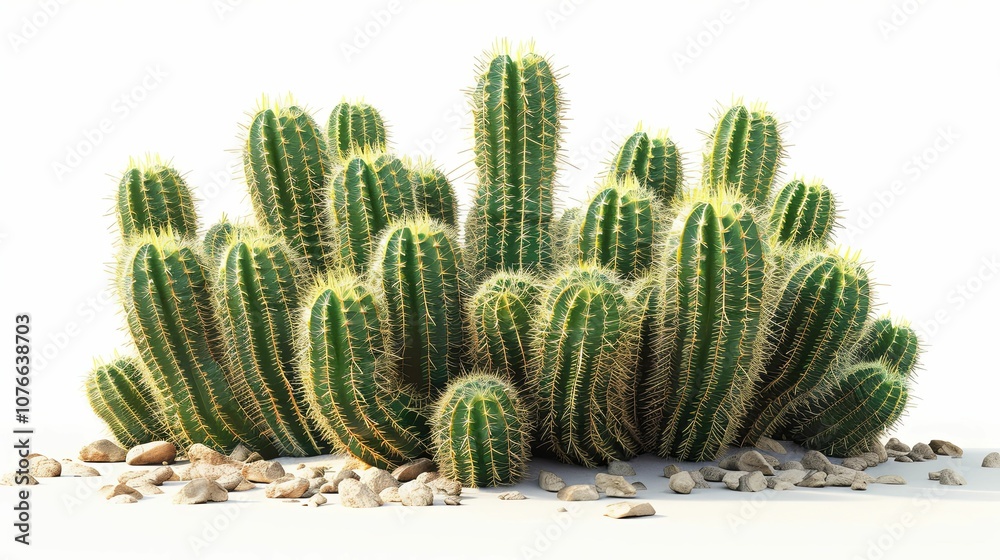 A Lush Grouping of Cactus Plants with Stones on White Background A Lush Grouping of Cactus Plants with Stones on White Background