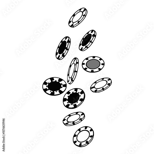 Falling chips for casino games. Vector monochrome image in line art style