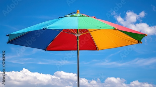 Close-up of a colorful rainbow umbrella on a sunny day