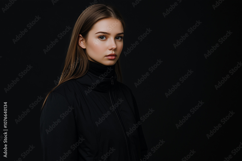 Fototapeta premium Winter Style with Black Heated Jacket on Matte Black Background.