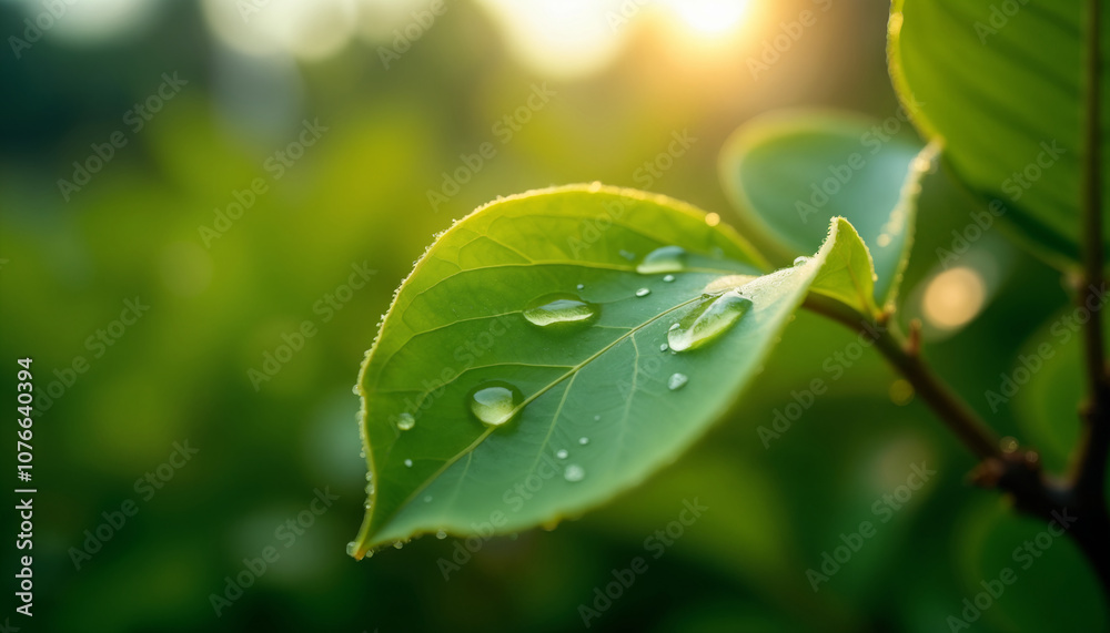 Close-Up of Dewy Green Leaf Backlit by Sunlight Close-Up of Dewy Green Leaf Backlit by Sunlight