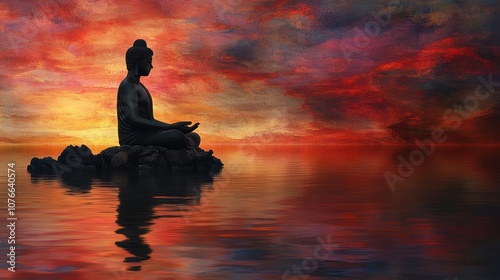 An inspiring silhouette of a reclining Buddha, set against a vibrant sunset over a calm lake. The tranquil water reflects the fiery colors of the sky photo