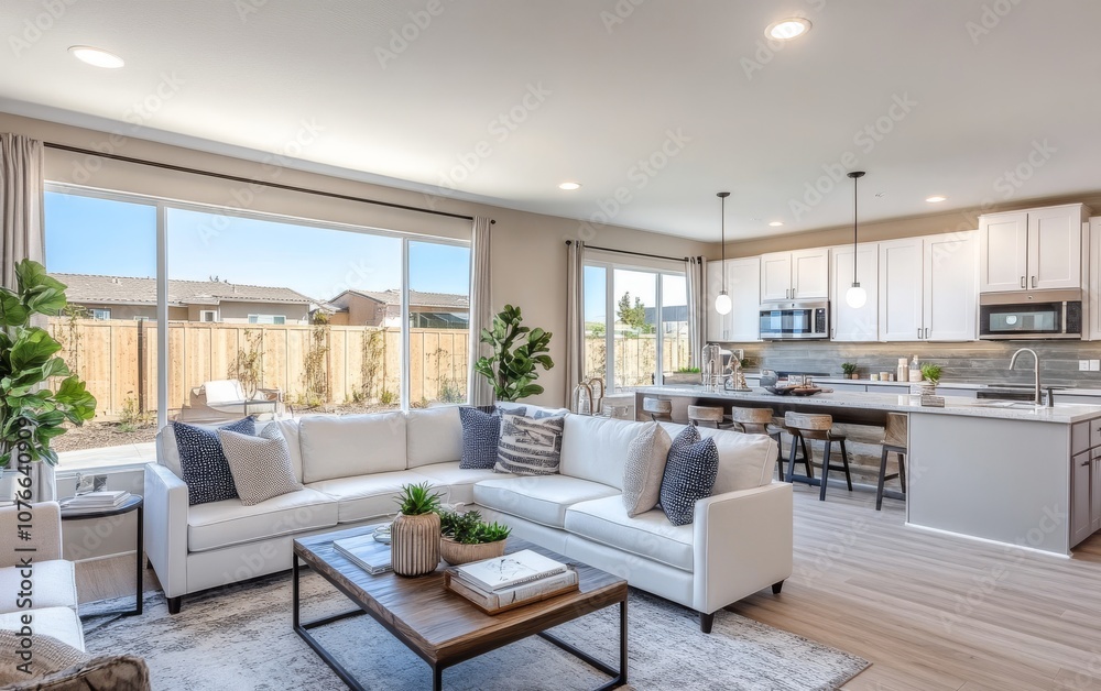 A large living room with a white couch and a coffee table A large living room with a white couch and a coffee table
