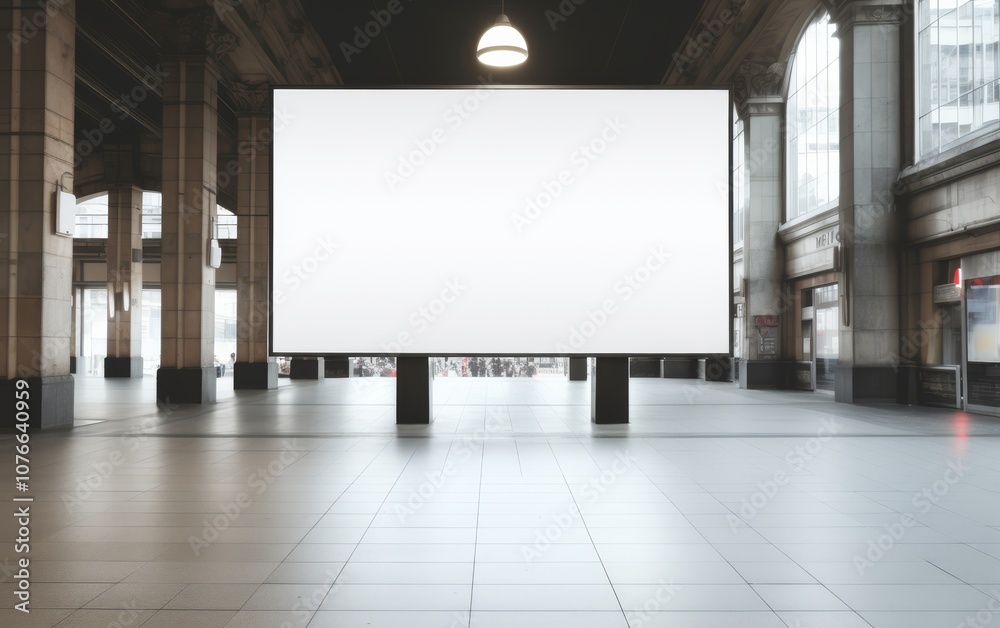 A large white billboard sits in a large empty room